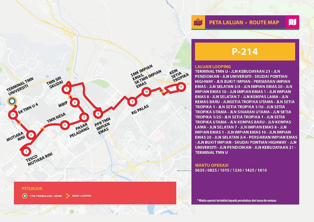 Bas Muafakat Johor P214 route map effective from 1 November 2018. Bas Muafakat Johor P214 serving Taman Universiti and Taman Setia Tropika route map effective from 1 November 2018.