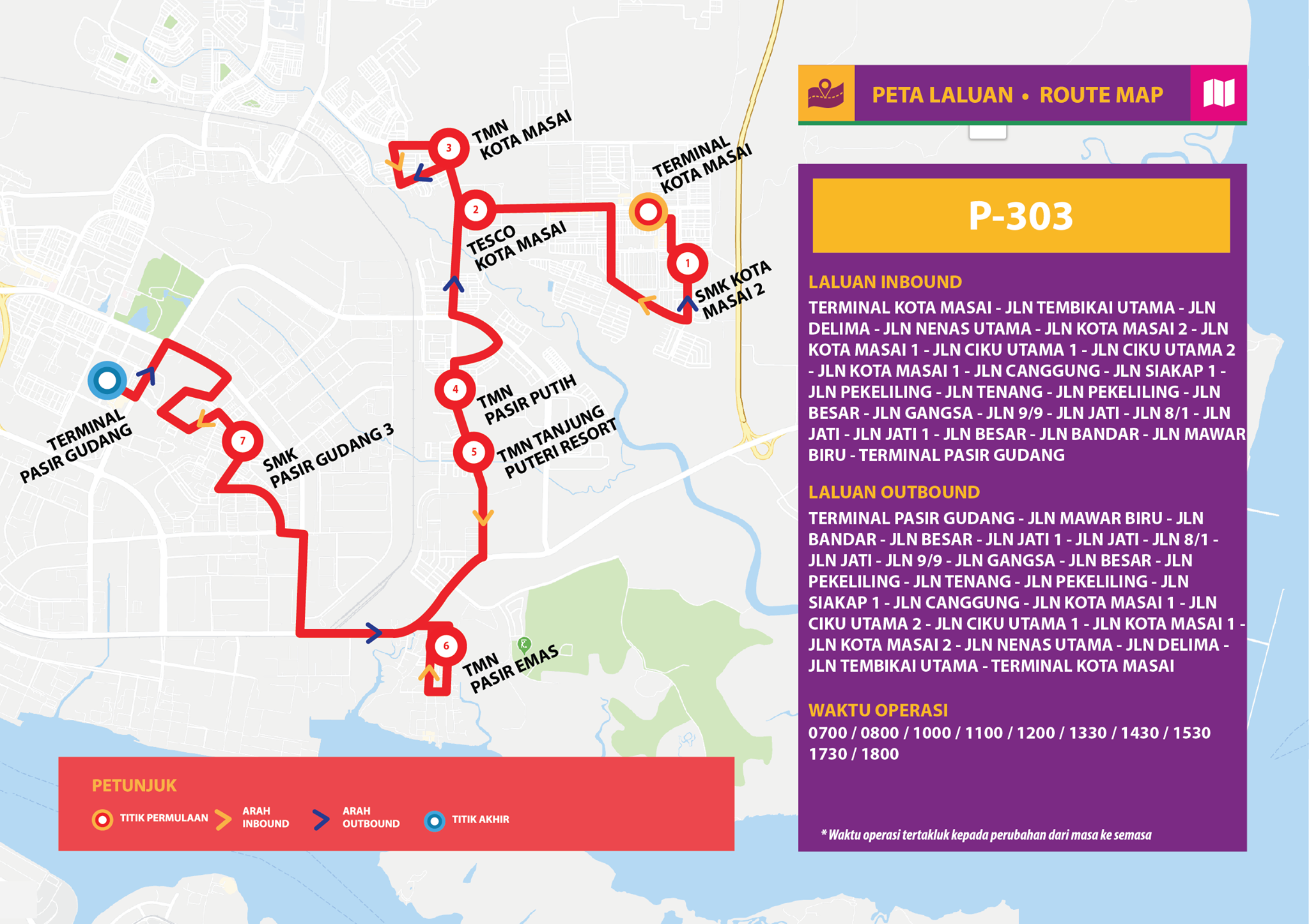 New route map for Bas Muafakat Johor P303 from 15 January 2019