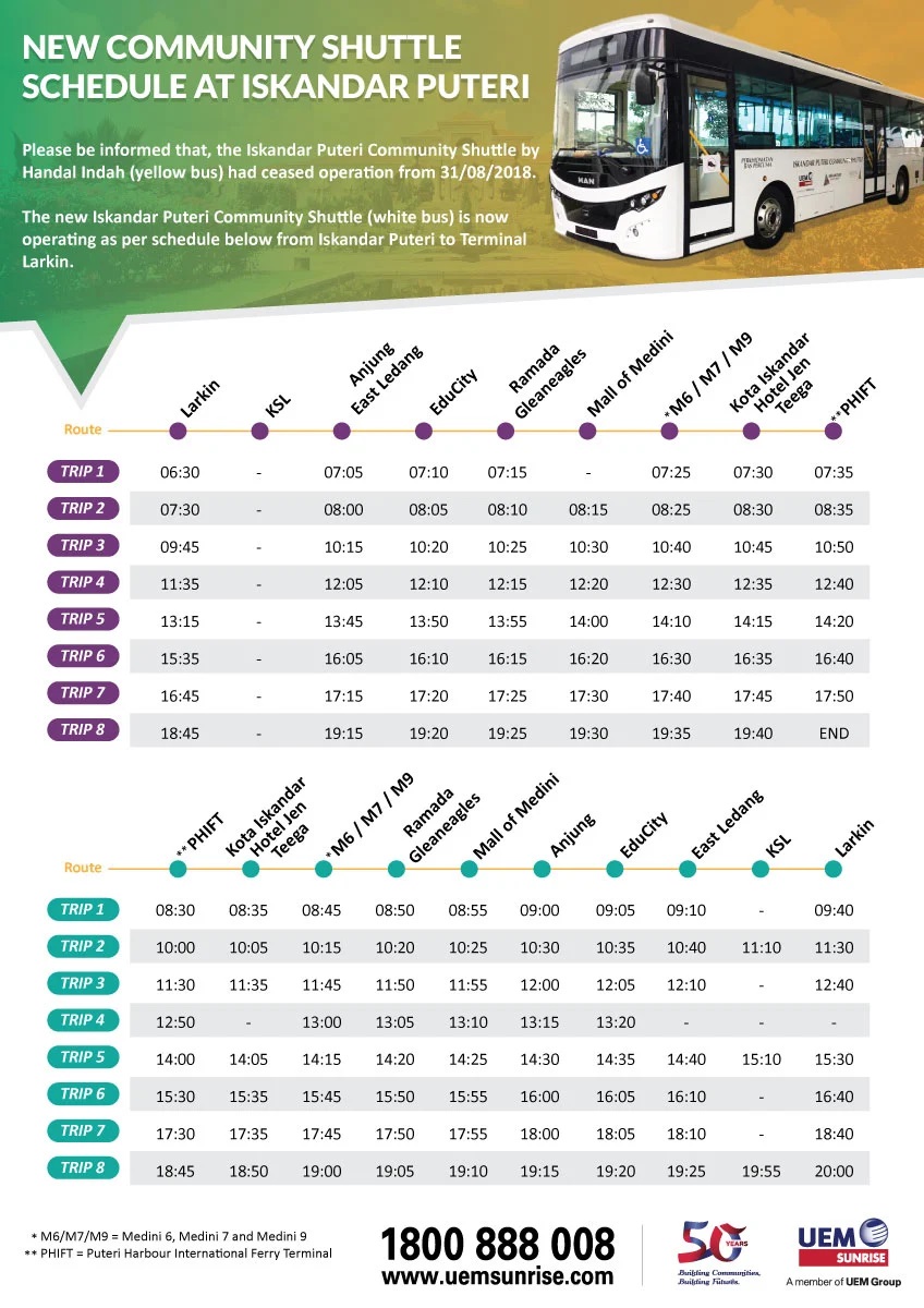 New timetable for Iskandar Puteri free shuttle bus service from 1 September 2018.