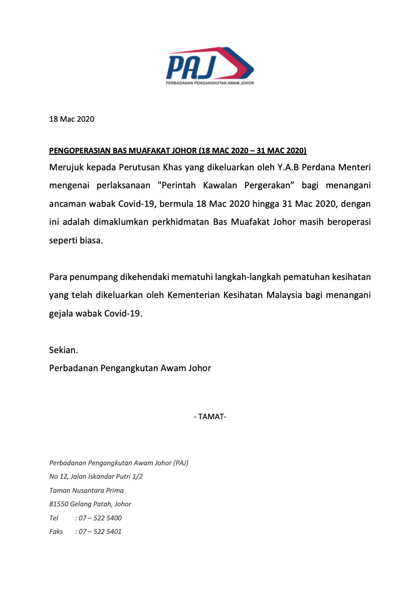 Bas Muafakat Johor bus services will remain in operation during the Movement Control Order from 18 March 2020 to 31 March 2020.