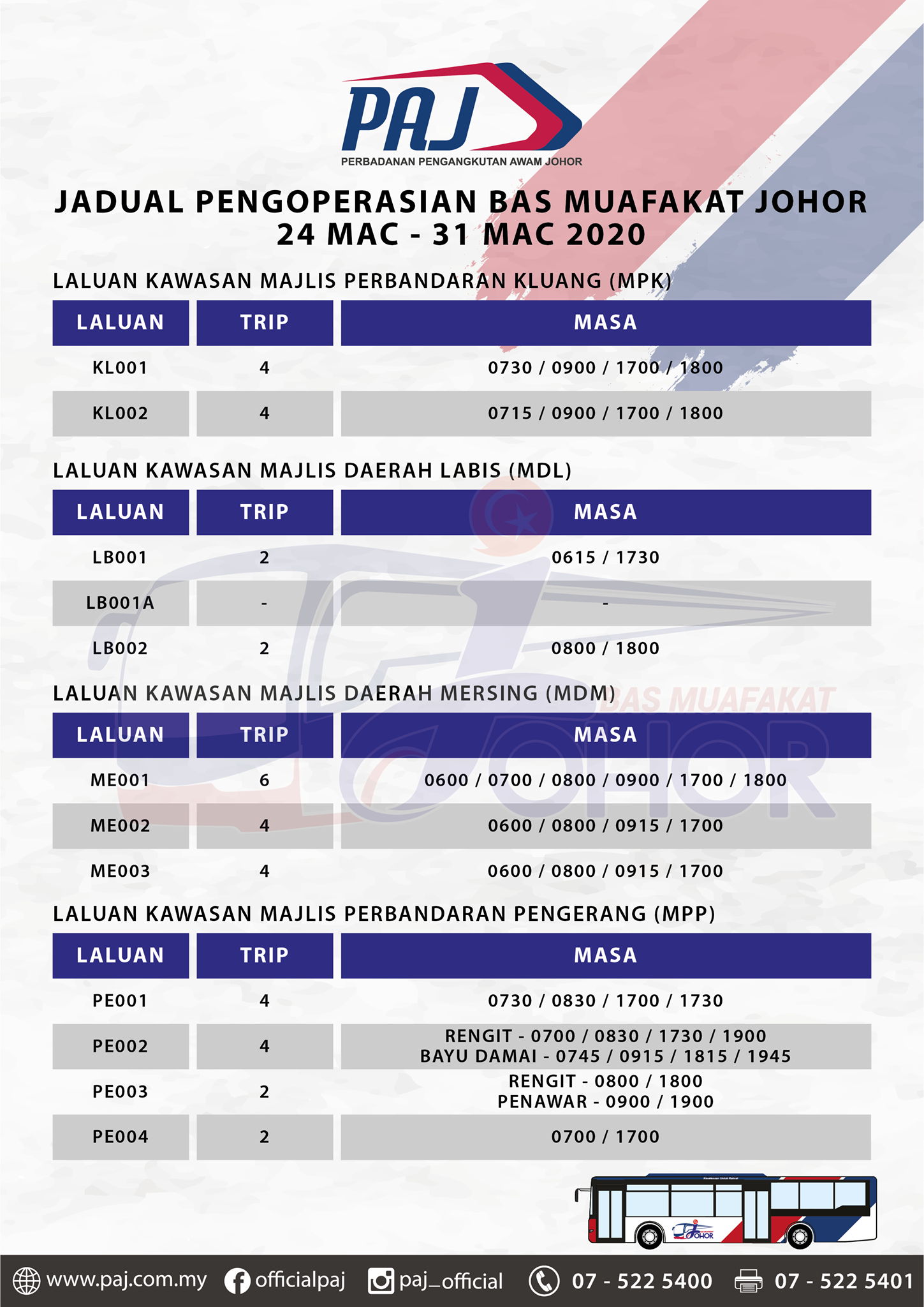 Official PAJ poster on the change in operation hours of Bas Muafakat Johor bus services in Kluang, Labis, Mersing and Pengerang districts