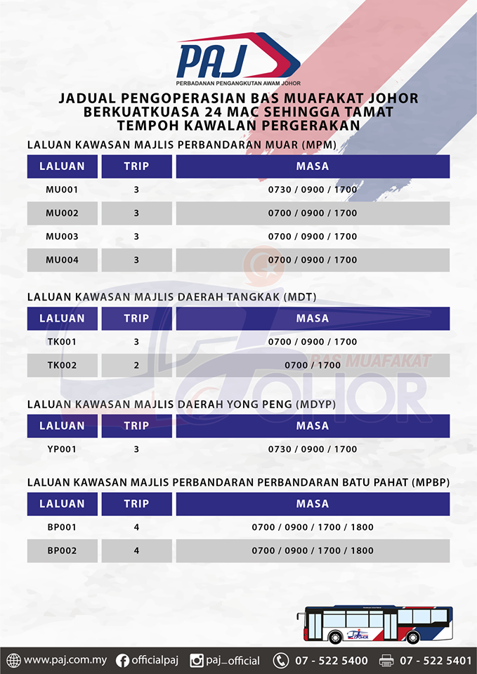 Official PAJ poster on the change in operation hours of Bas Muafakat Johor bus services in Muar, Tangkak, Yong Peng and Batu Pahat districts