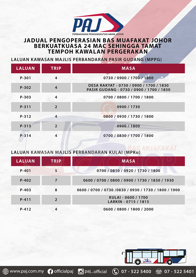 Official PAJ poster on the change in operation hours of Bas Muafakat Johor bus services in Pasir Gudang and Kulai districts