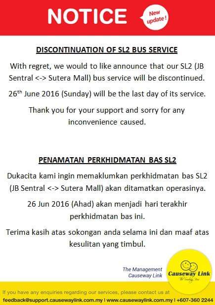 Official bus route SL2 withdrawal notice by Causeway Link. Official bus route SL2 withdrawal notice by Causeway Link