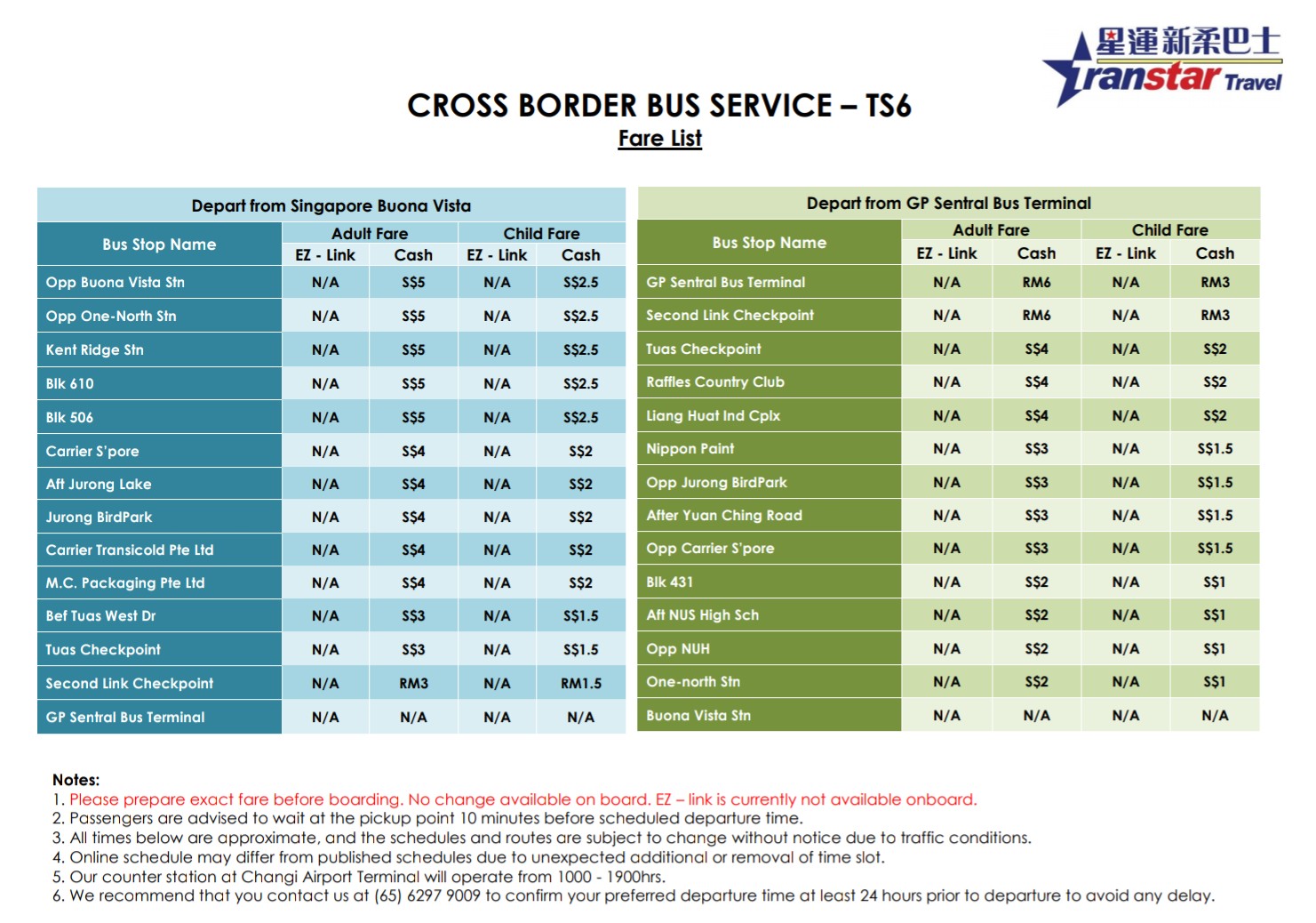 Fare list for Transtar Cross-border TS6