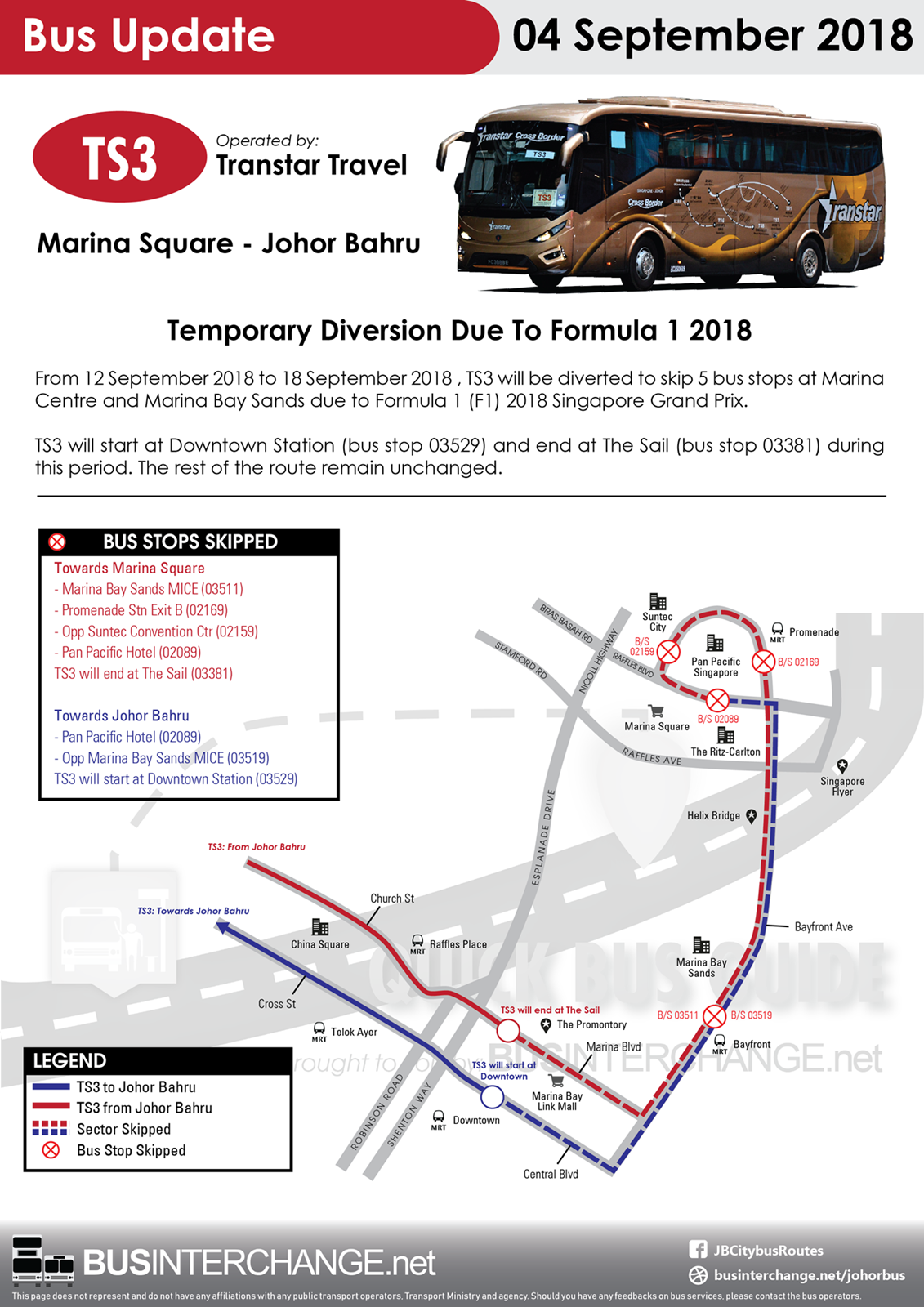 Transtar TS3 will be temporary diverted due to Formula 1 2018.