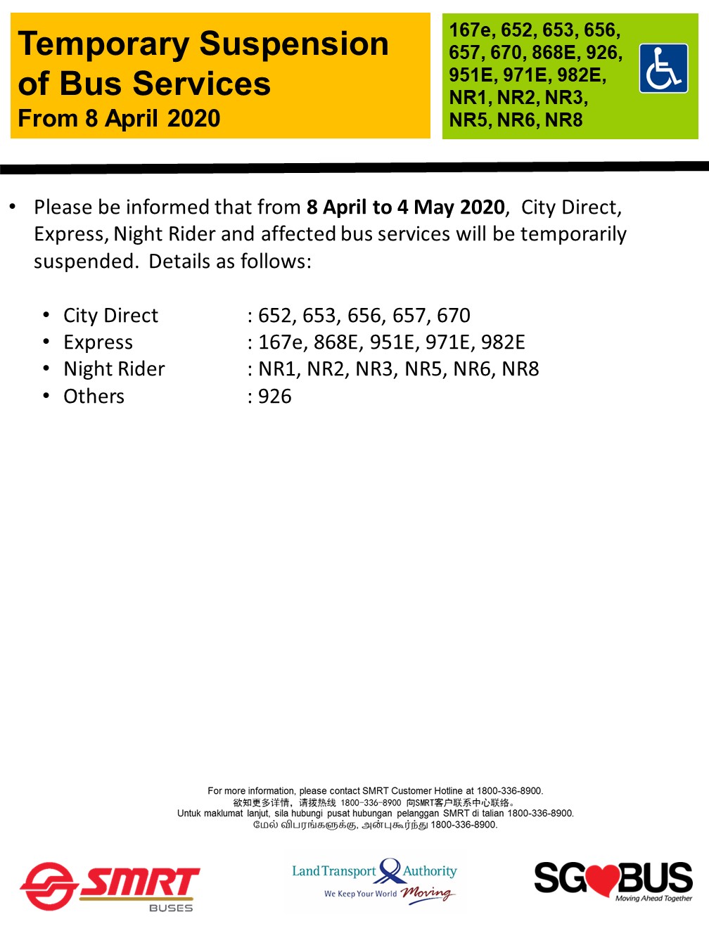 Official announcement from SMRT on temporary bus service suspension during COVID-19 Circuit Breaker measures from 8 April 2020.