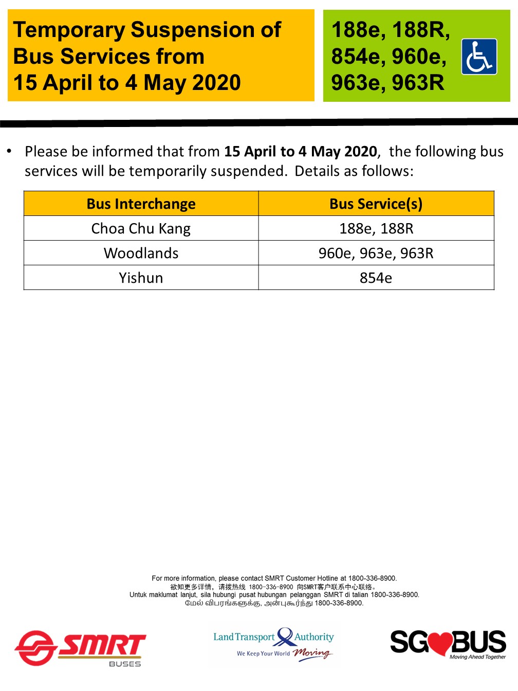 Official announcement from SMRT on temporary bus service suspension during COVID-19 Circuit Breaker measures 15 April 2020.